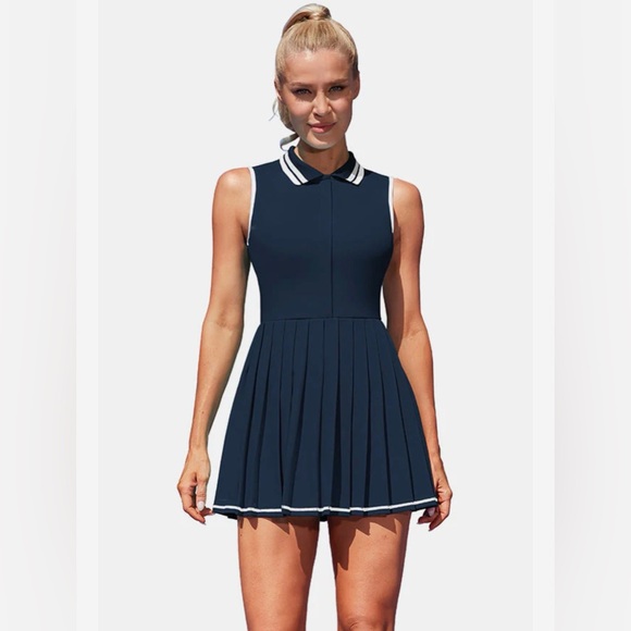Attraco Dresses & Skirts - Attraco Navy Polo Ribbed Half Zip Pleated Dress Built in Bra Womens Size Medium